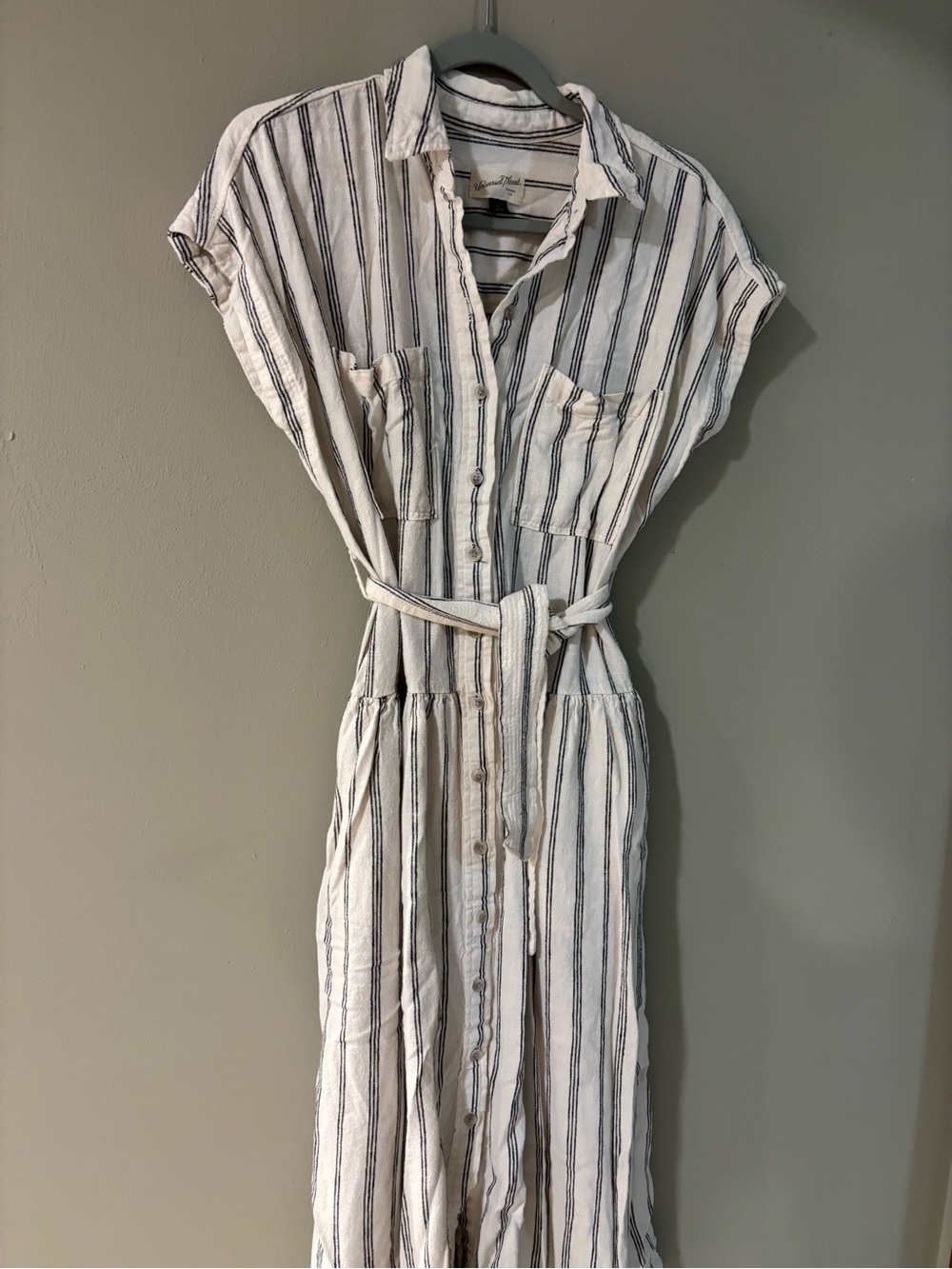 Universal Thread Linen Button Up Striped Dress with Belt & Pockets